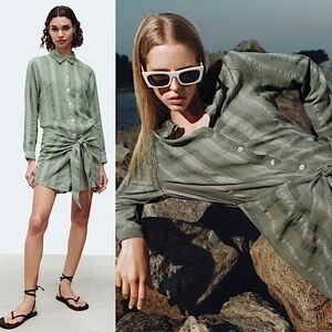 NWT ZARA Mini Dress Cotton Linen Sage Stripe Long Sleeve Tie Waist Shirtdress XS